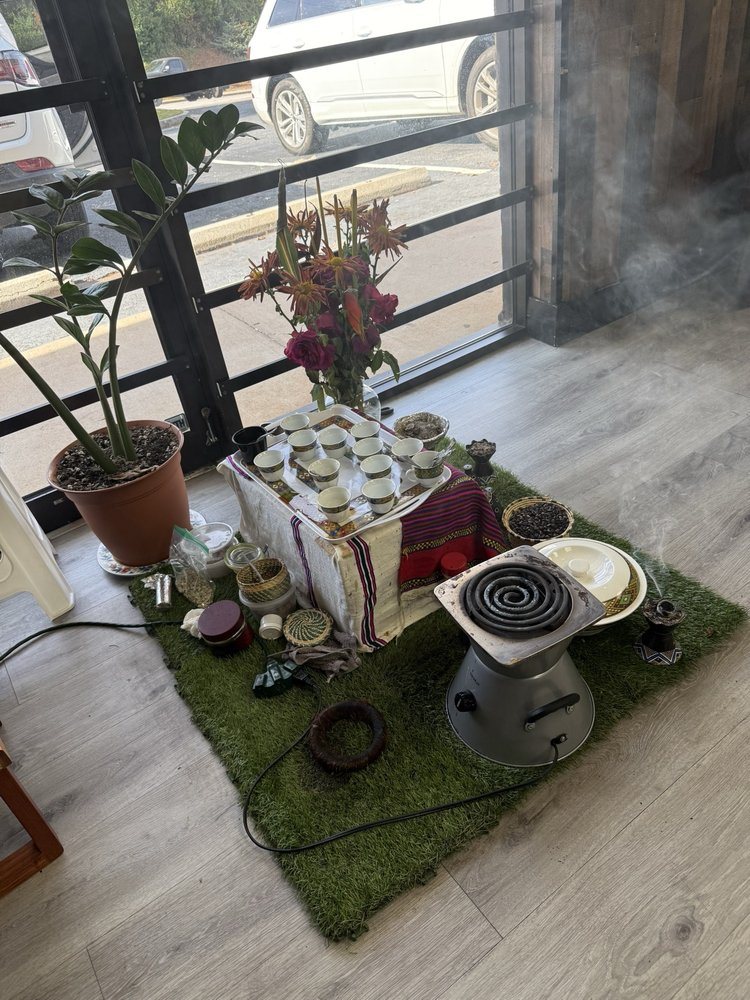 Traditional coffee ceremony set with jebena and cups